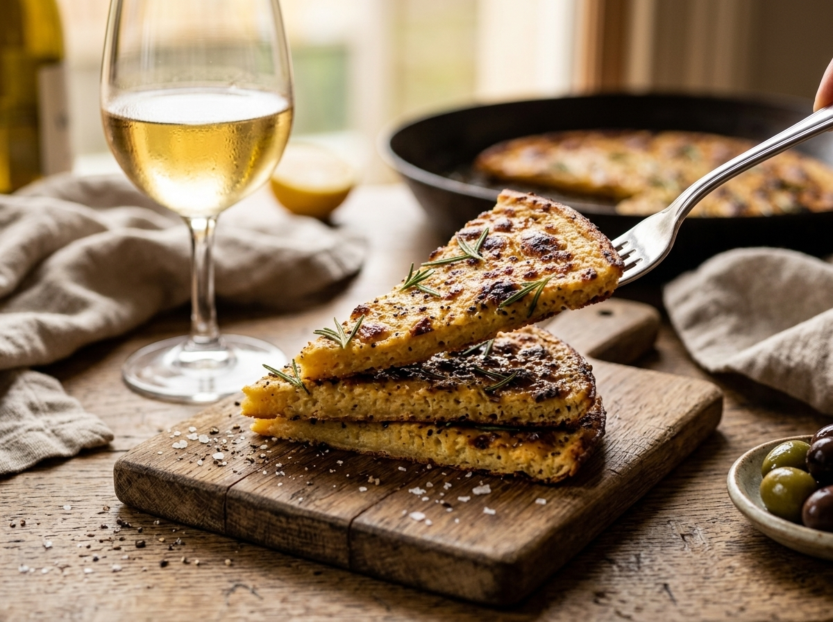 Wedges of farinata di ceci ligure stacked on a wooden board beside a glass of Vermentino wine