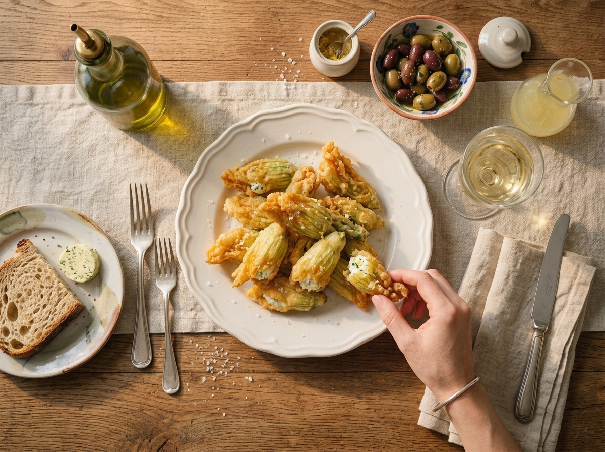 Hands reaching for a crisp ricotta-stuffed blossom at a rustic outdoor table set with wine and linen napkins.