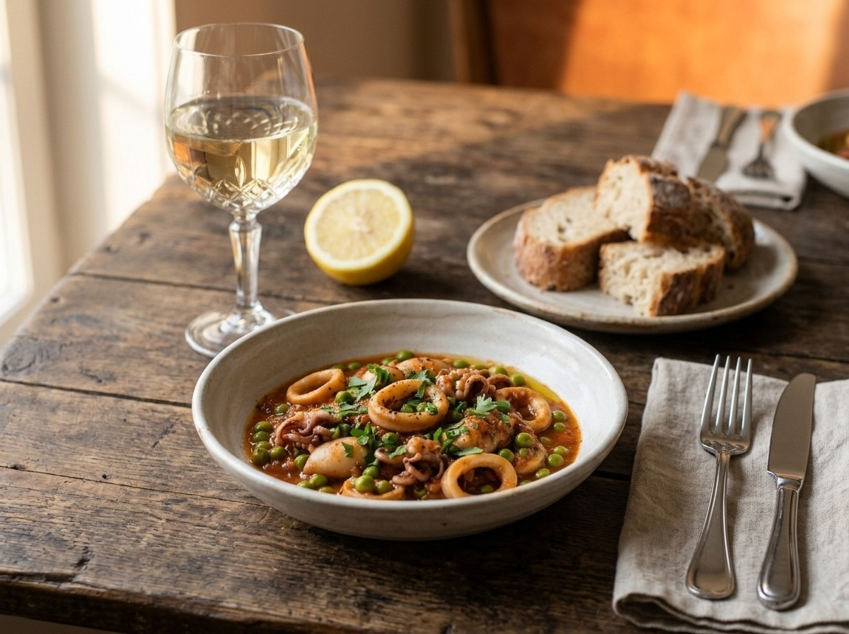 Plate of seppie coi piselli with crusty bread and a glass of white wine on a rustic wooden table