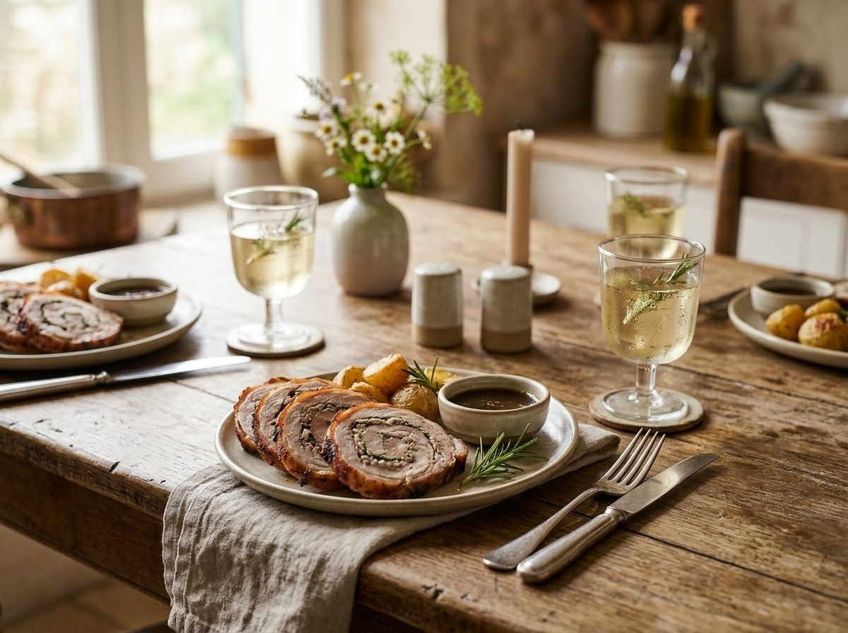 Plated coniglio in porchetta slices with a glass of white wine and crusty bread on a rustic table in golden light