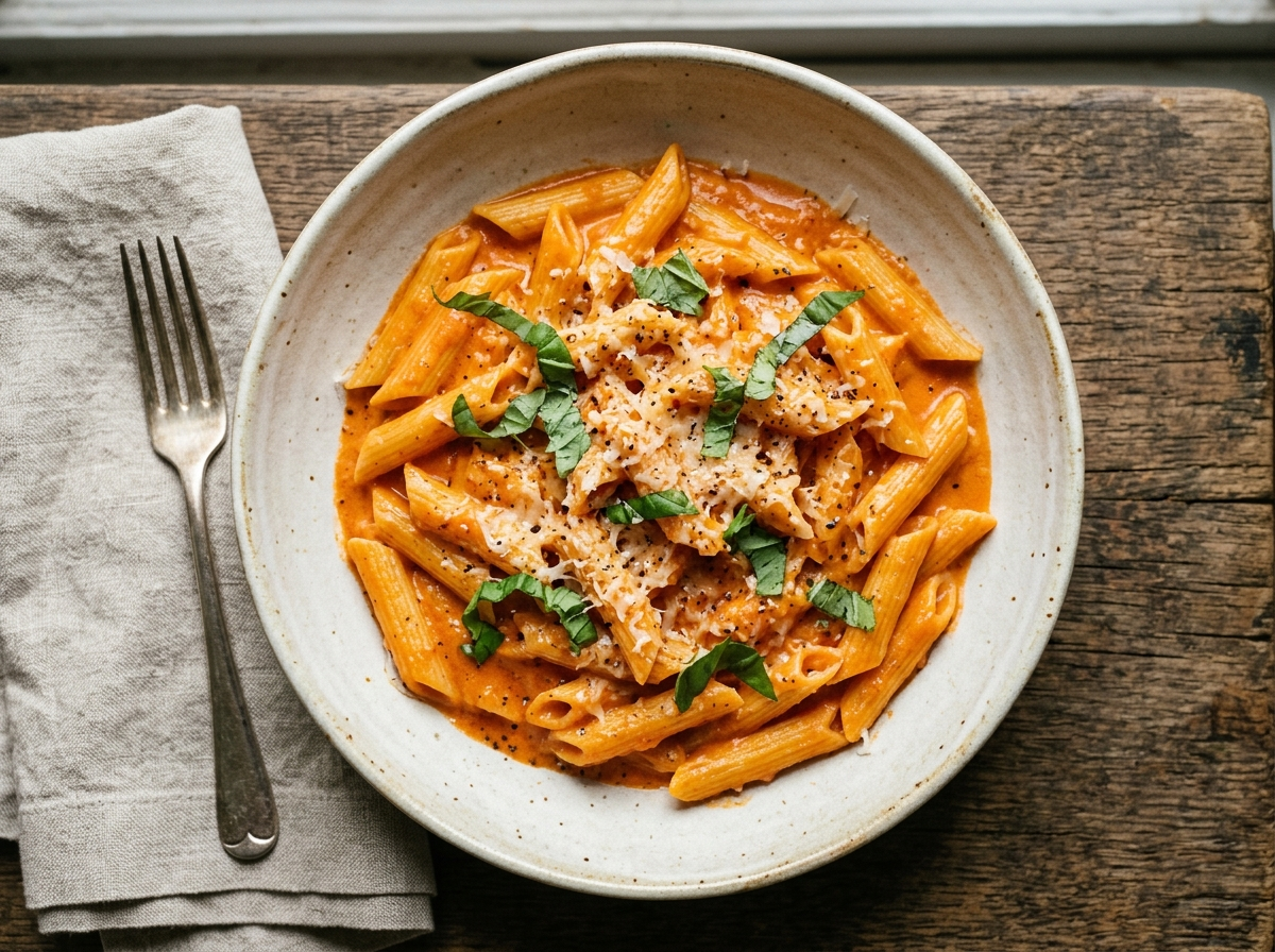 Overhead view of penne alla vodka in a shallow bowl with basil, parmesan, and a creamy tomato sauce