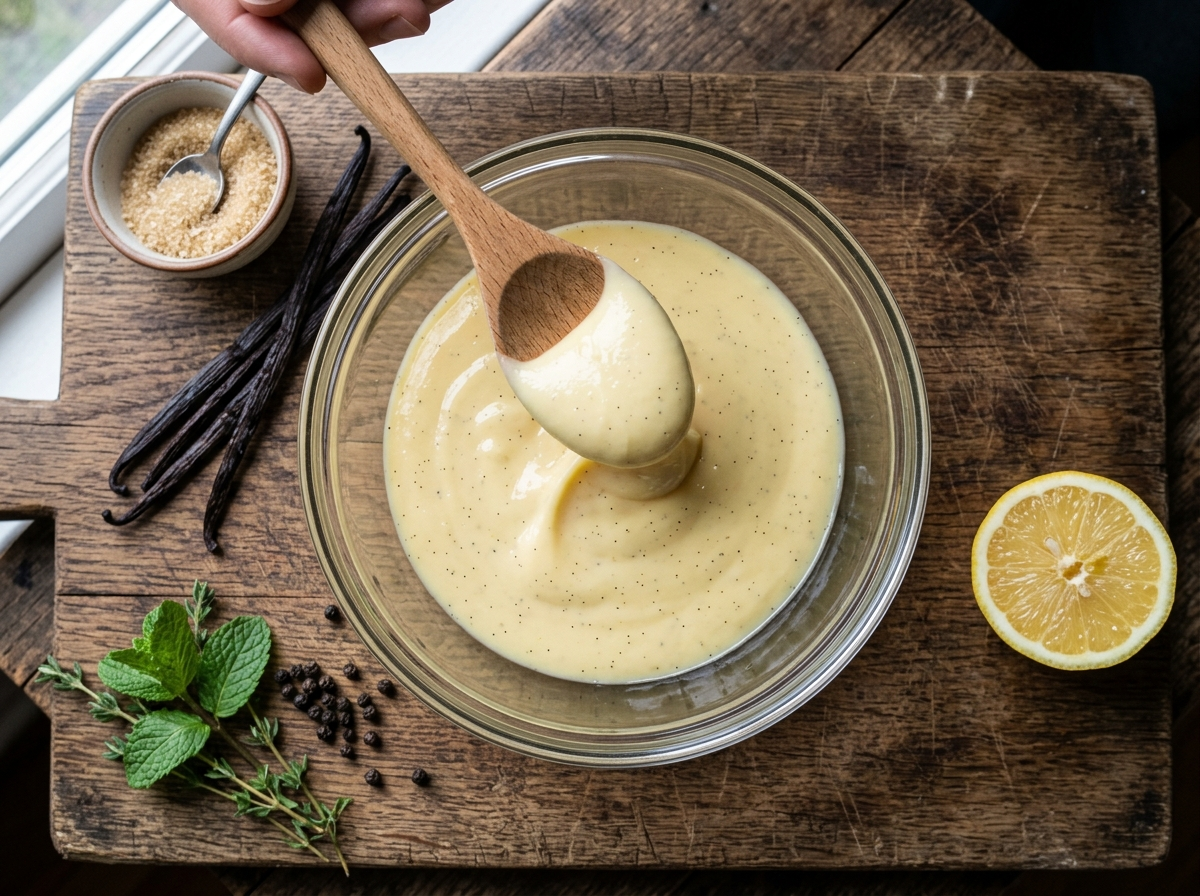 Glass bowl of glossy crema pasticcera with visible vanilla bean flecks and a wooden spoon lifting a ribbon of custard