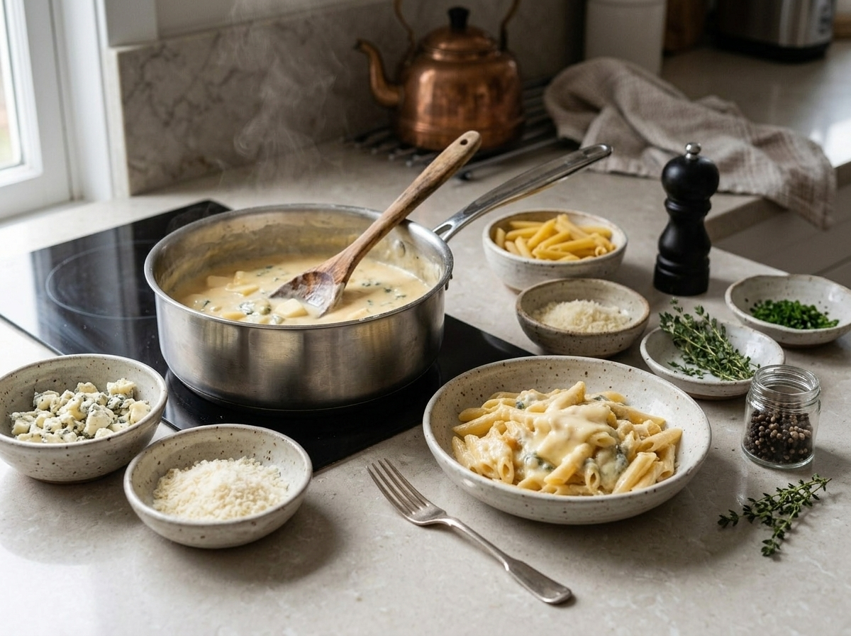 Cheese sauce for pasta ai quattro formaggi simmering in a saucepan with melting fontina and gorgonzola cubes