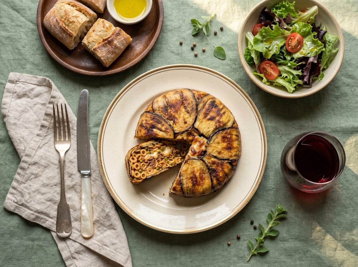 Plated wedge of timballo di anelletti with green salad and a glass of Sicilian red wine on a linen tablecloth