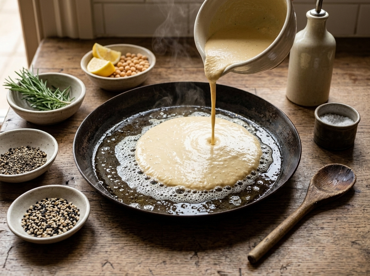 Chickpea flour batter being poured into a hot oiled pan to make Ligurian farinata di ceci
