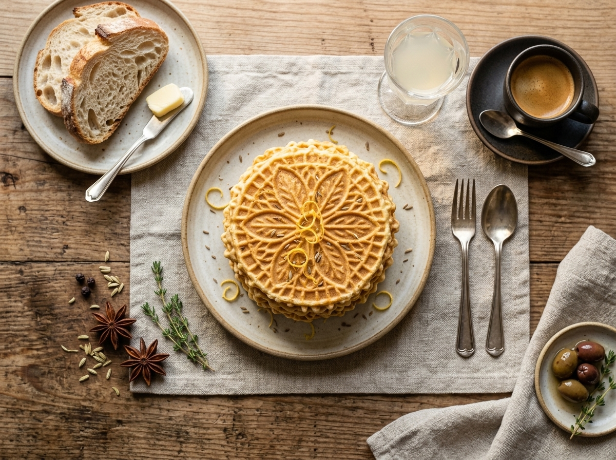 Pizzelle abruzzesi cookies on a linen napkin served with espresso and a small glass of anisette