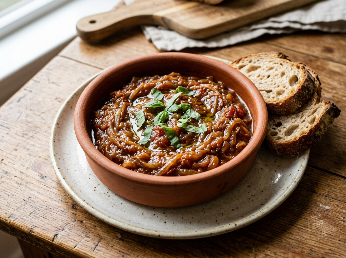 Overhead shot of friggione bolognese, slow-cooked onions and tomatoes in a terracotta bowl with basil and crusty bread