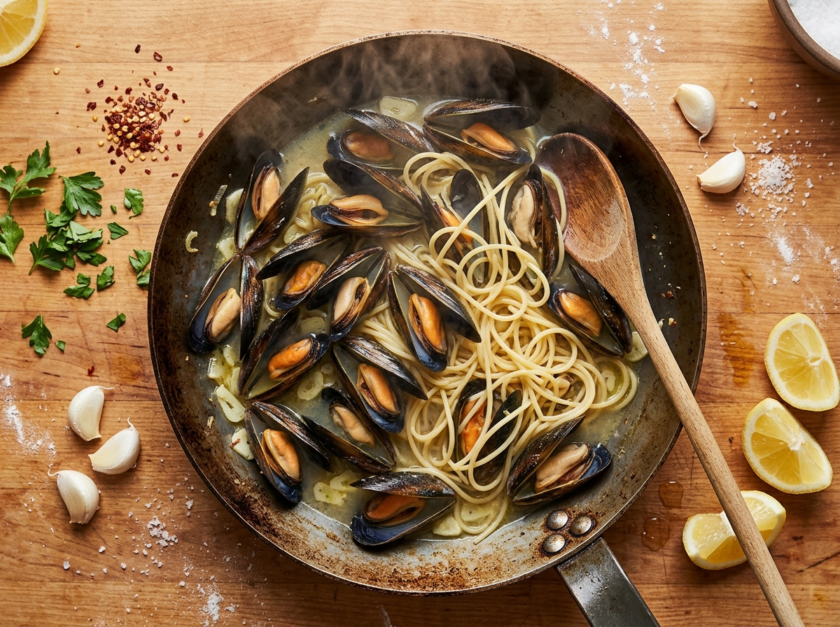 Mussels steaming open in a wide skillet with sliced garlic and pale wine, steam rising over a wooden spoon resting on the rim