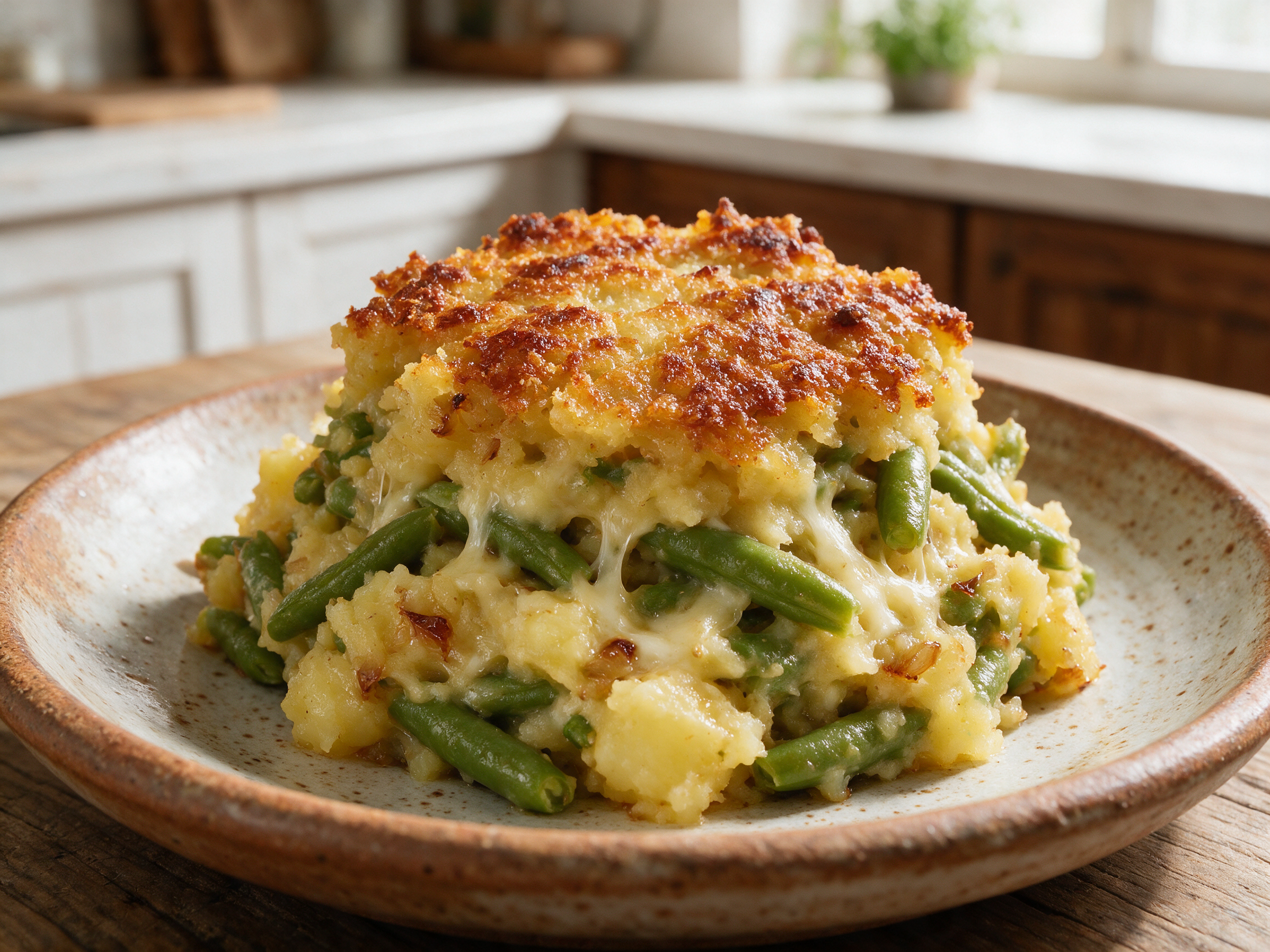 Golden-crusted taroz Valtellinesi on a ceramic plate with visible green beans and melted cheese strands under soft window light