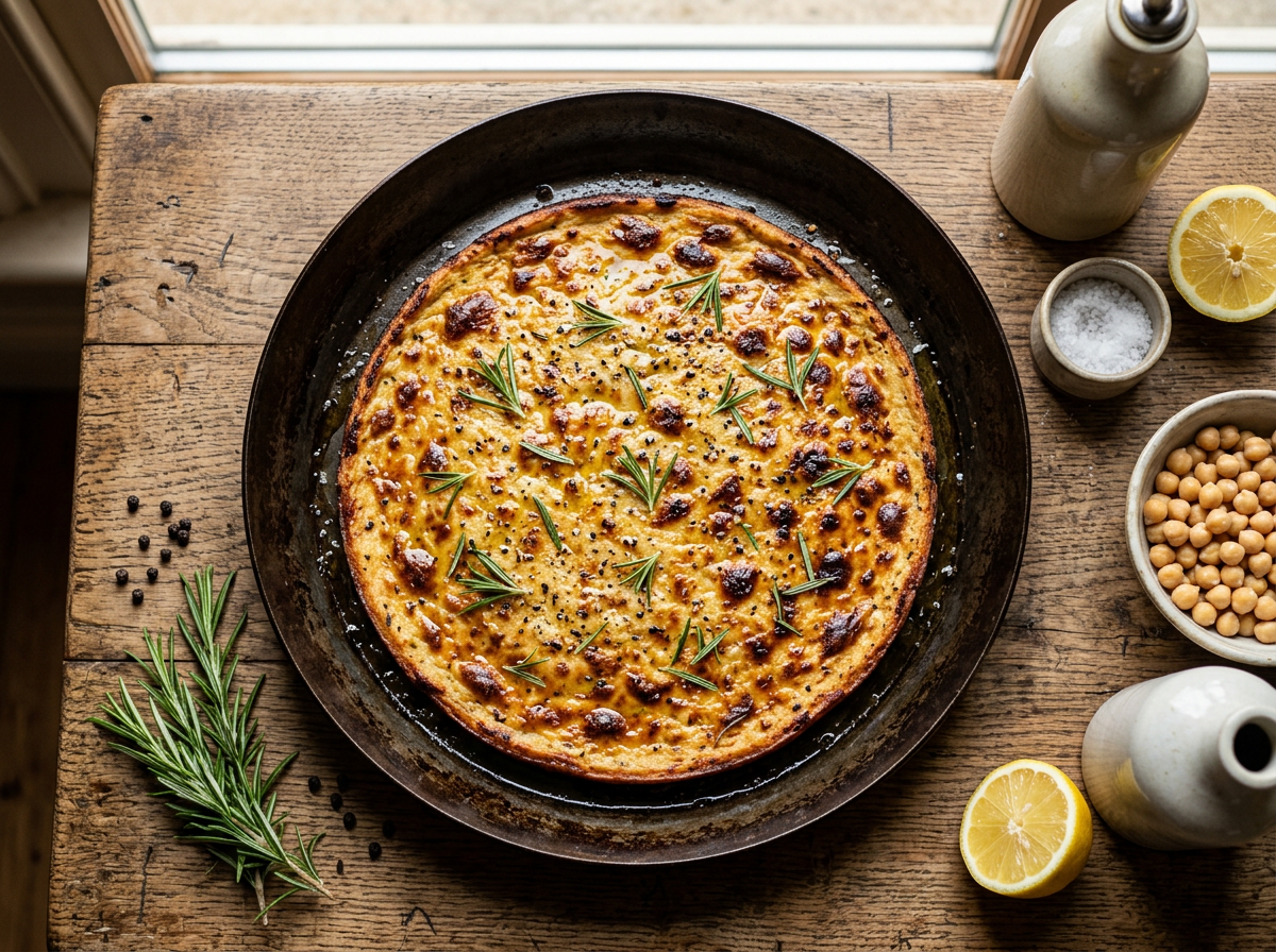 Golden farinata di ceci ligure in a steel pan with blistered top, rosemary sprigs, and cracked black pepper