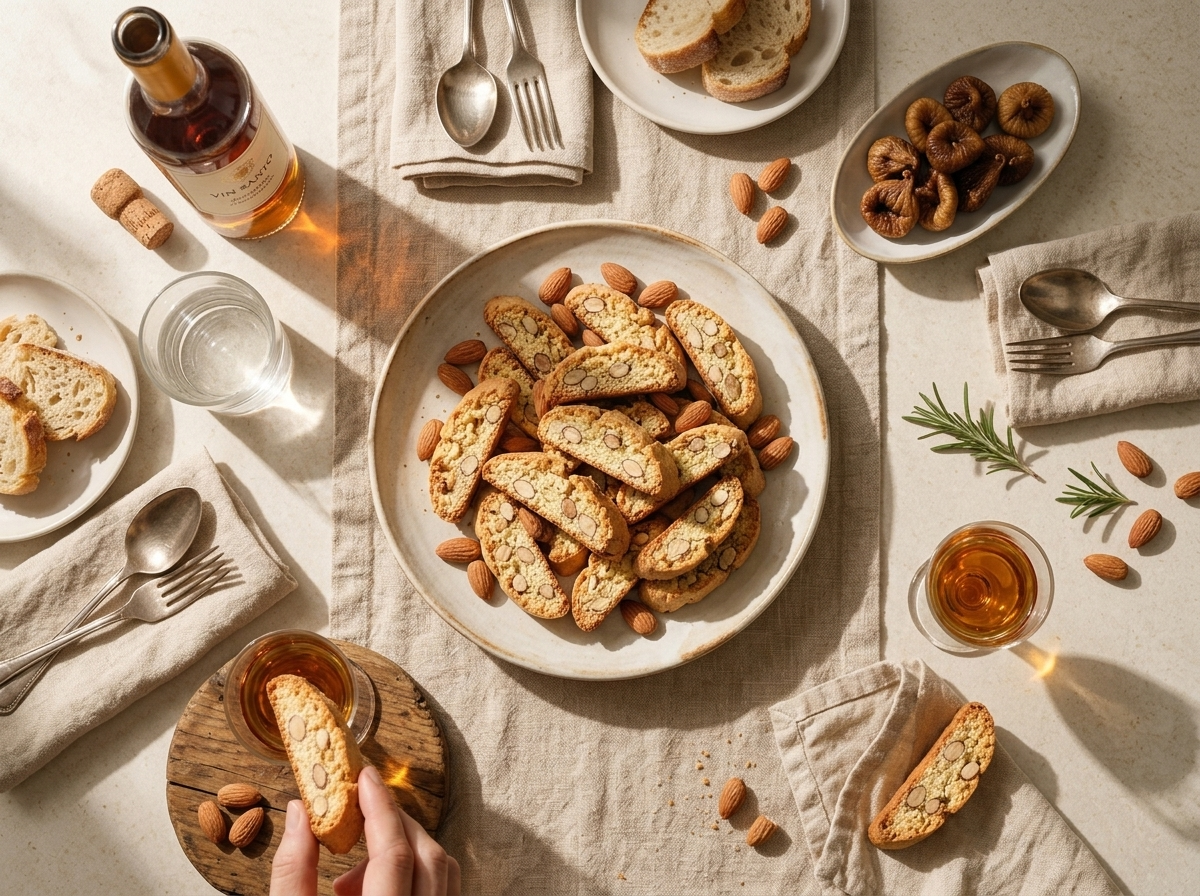 Two people at a linen-set table dunking cantucci into small glasses of Vin Santo beside a bottle and dried figs