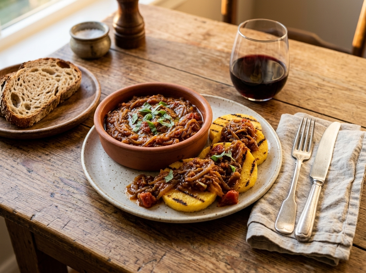 Friggione bolognese spooned over grilled polenta slices on a rustic table with linen napkin and glass of red wine