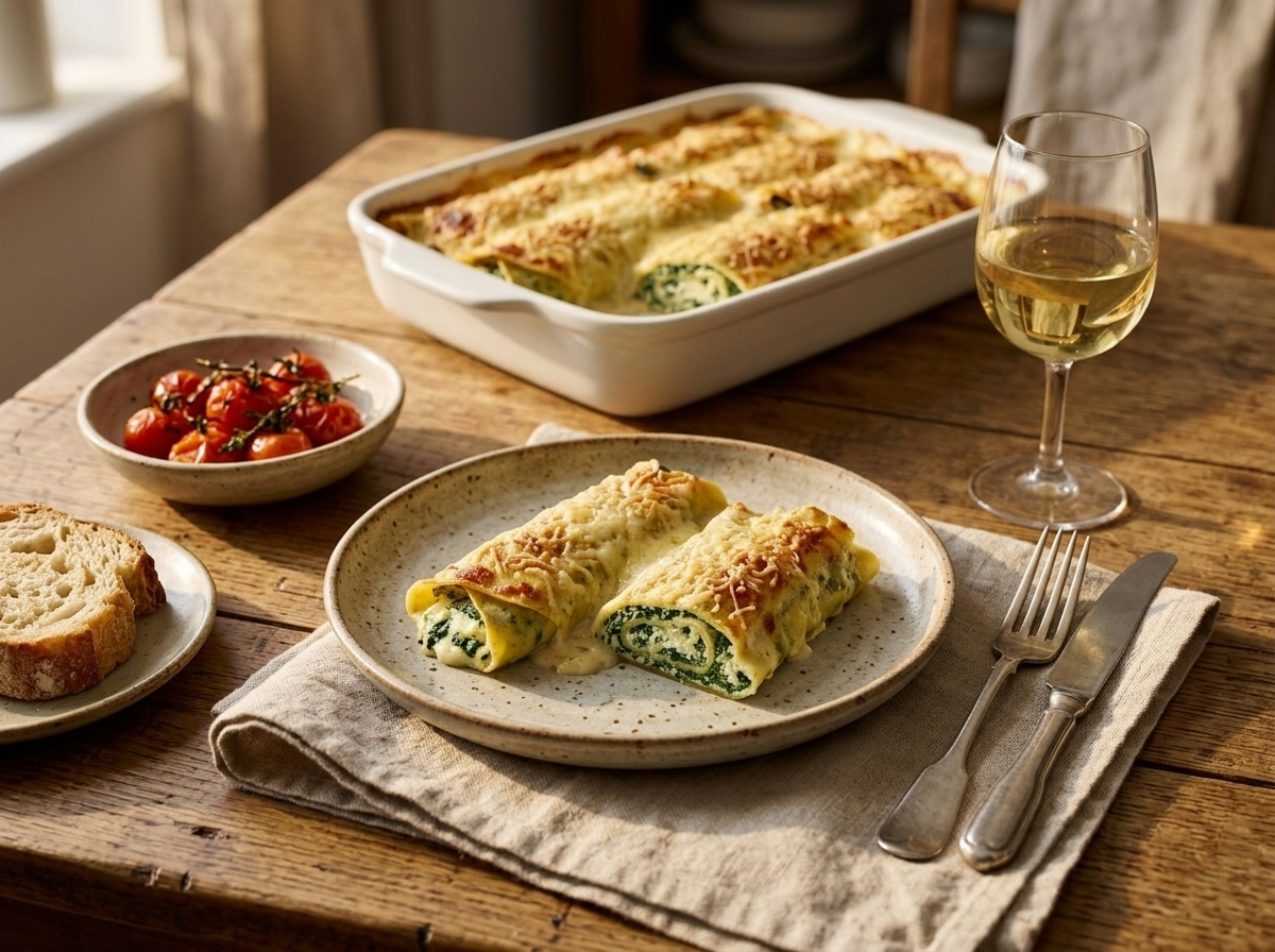 Plated crespelle alla fiorentina with roasted tomatoes and a glass of white wine on a linen-topped table