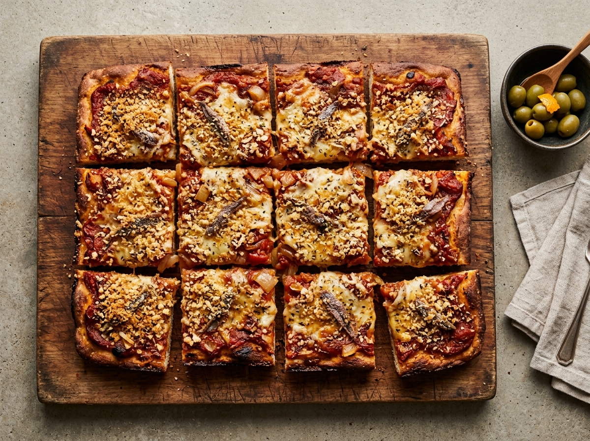 Sfincione palermitano squares on a wooden board with tomato-onion topping, caciocavallo, anchovies, and toasted breadcrumbs