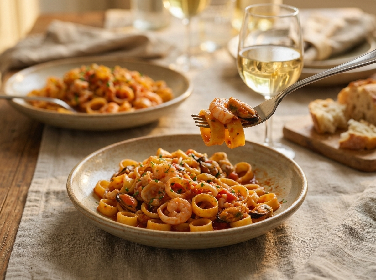 Two shallow bowls of seafood calamarata on a linen table with a glass of white wine and torn crusty bread.