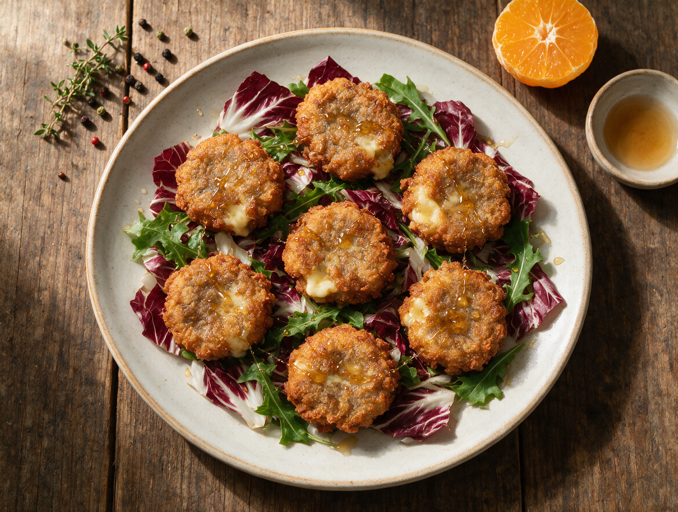Golden fried sciatt valtellinesi piled over dark red radicchio on a rustic plate, honey drizzled across the top surface.