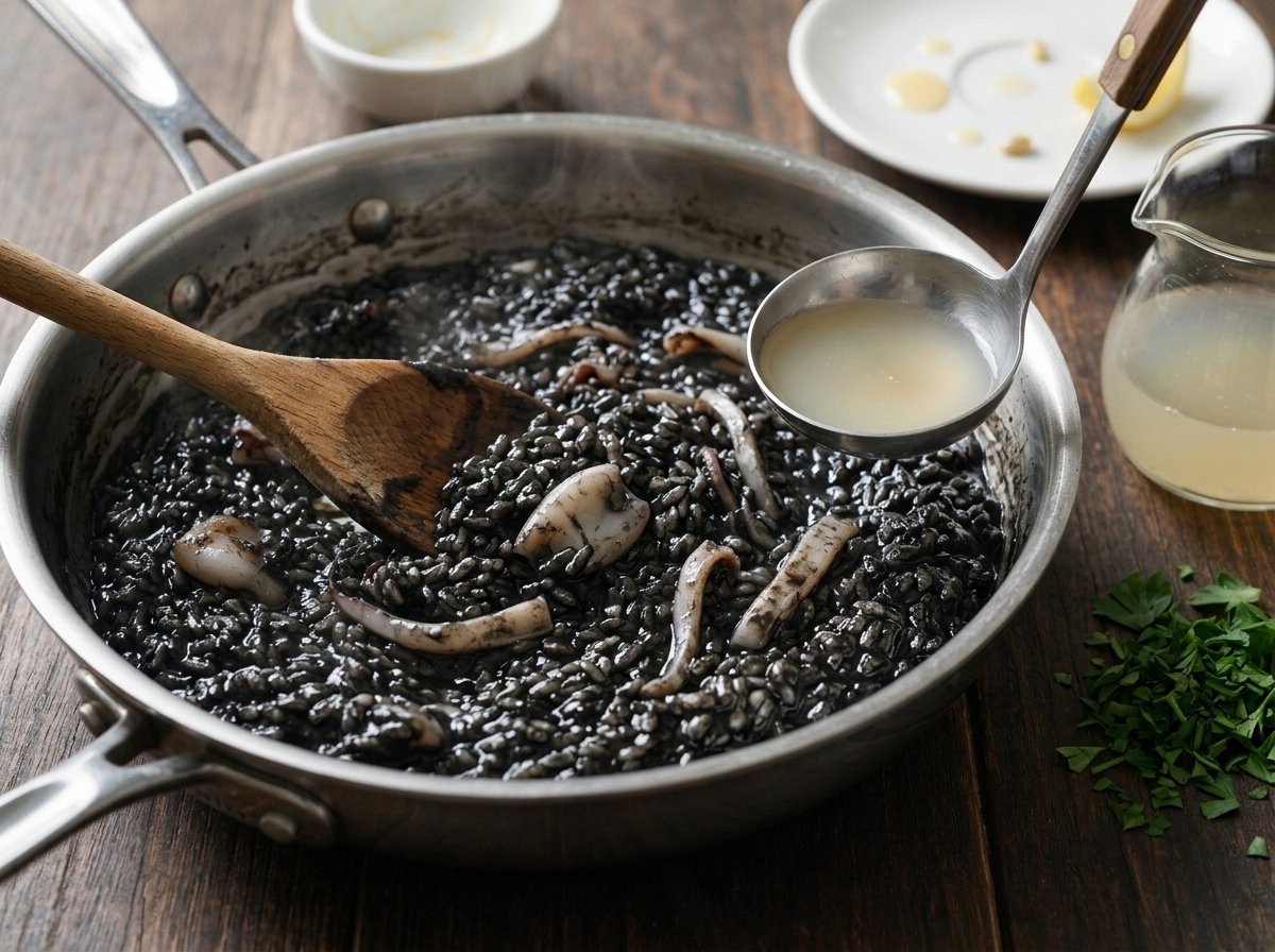 Wooden spoon stirring ink-black rice and cuttlefish strips in a wide steel pan with a ladle of stock resting beside it