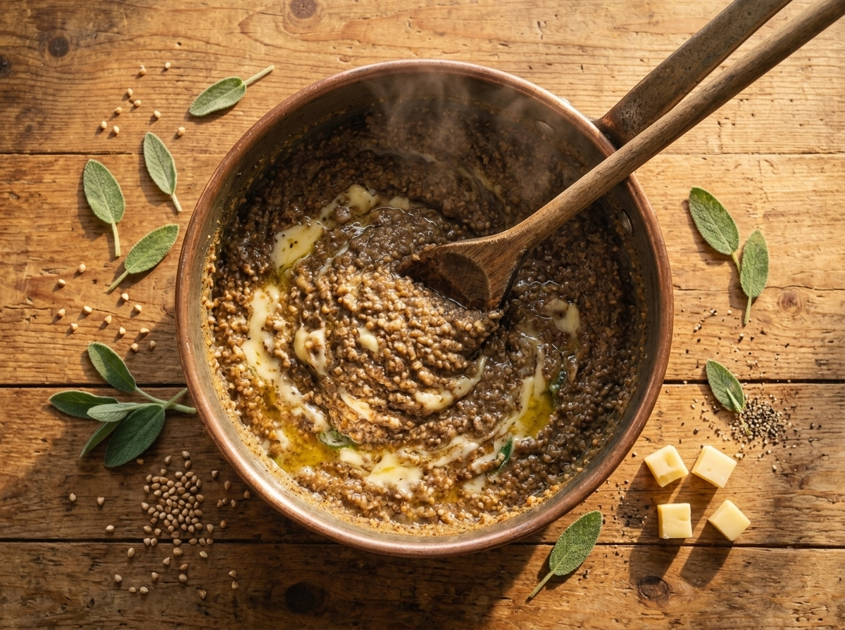 Overhead view of thick buckwheat polenta being stirred with a wooden spoon in a copper pot over low heat