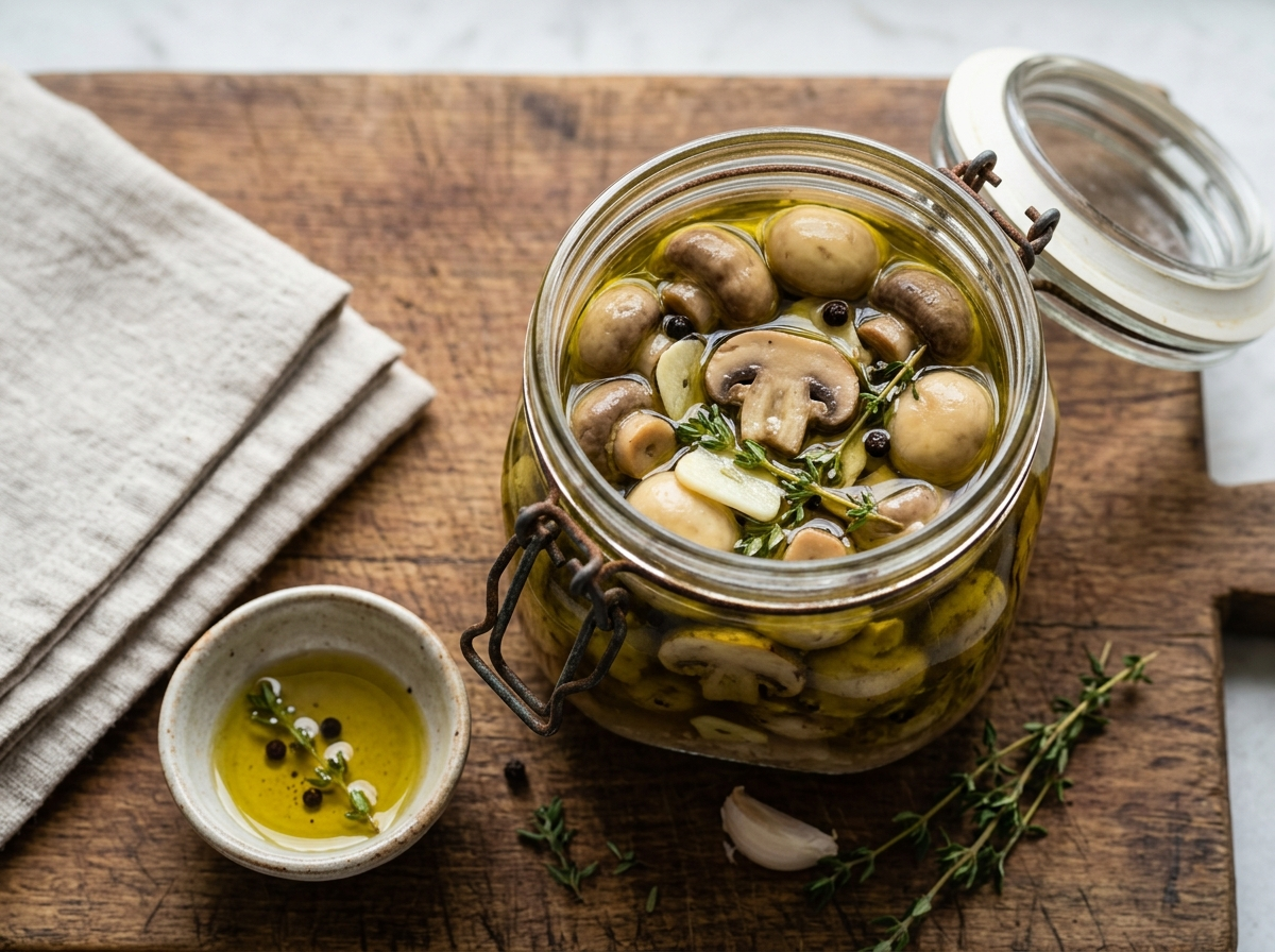 Jar of funghi sott'olio mushrooms in olive oil with garlic and thyme on a rustic wooden board