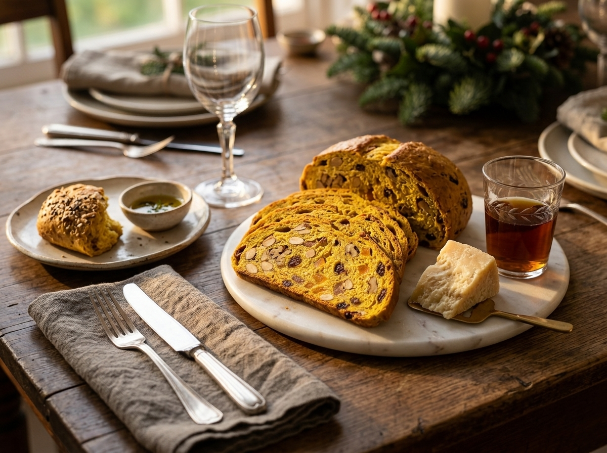 Thin slices of pangiallo romano served with vin santo and pecorino on a marble plate for the holidays