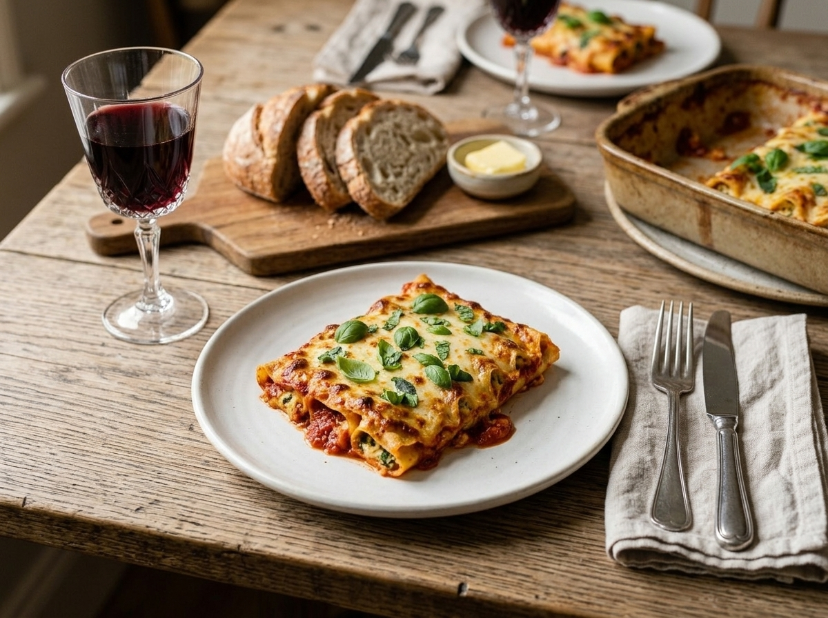 Plated cannelloni alla sorrentina with melted mozzarella, served with crusty bread and a glass of red wine