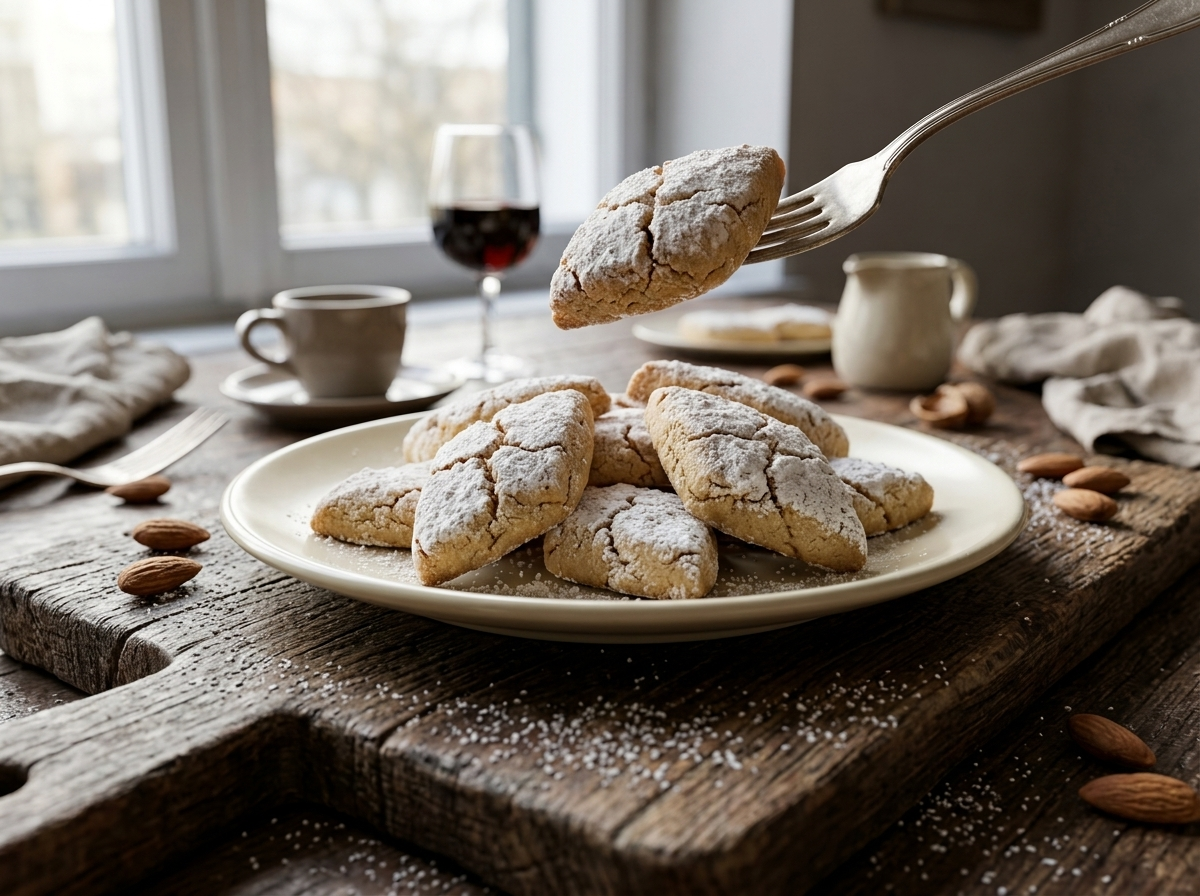 Plate of ricciarelli di Siena cookies served with espresso and Vin Santo on a linen-covered table