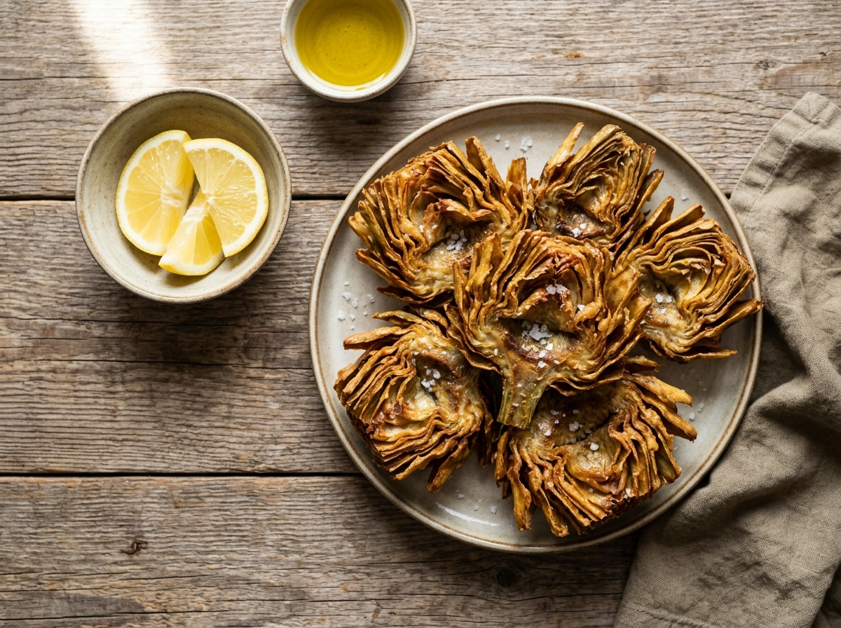 Whole double-fried carciofi alla giudia with crispy golden leaves on a wooden board with lemon wedges and sea salt