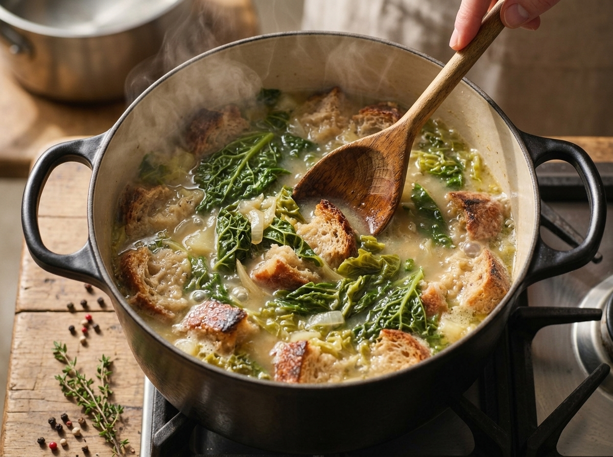 Wooden spoon stirring torn bread and wilted cabbage simmering in broth inside a Dutch oven on the stove