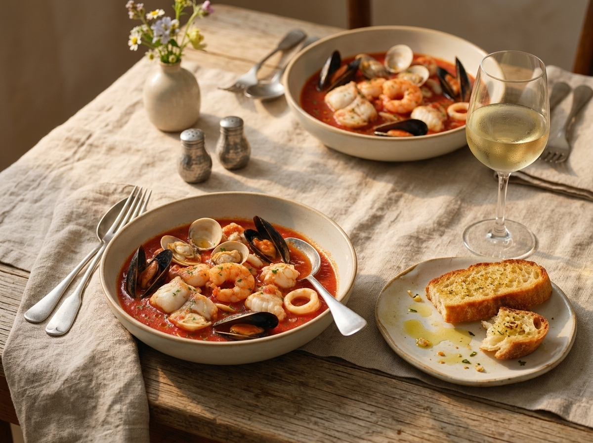 Two rustic bowls of brodetto on a linen-topped table with a glass of Verdicchio wine and torn garlic bread nearby