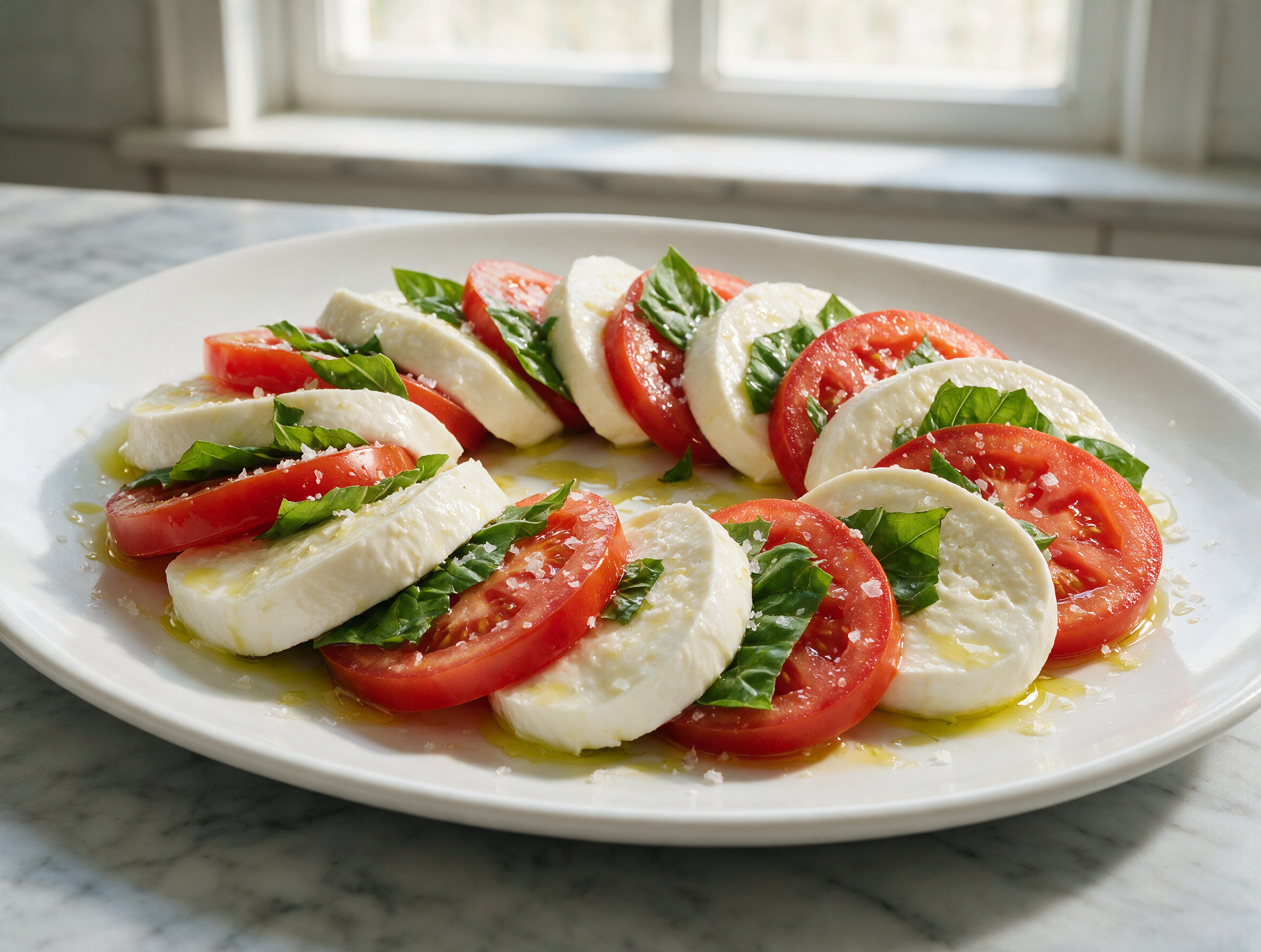 Overlapping slices of buffalo mozzarella and tomato on a white platter, drizzled with olive oil and scattered basil leaves
