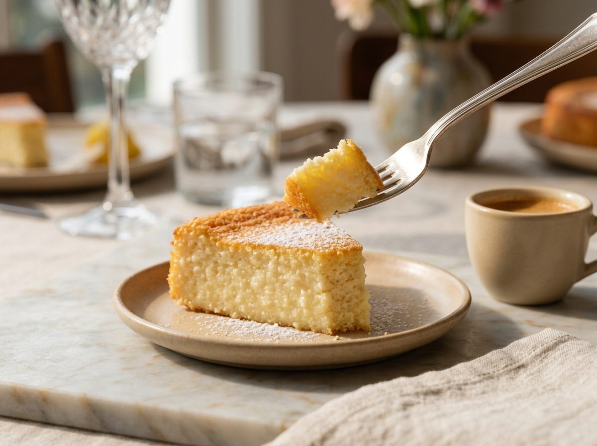 A slice of migliaccio napoletano plated with an espresso cup and linen napkin on a wooden table.