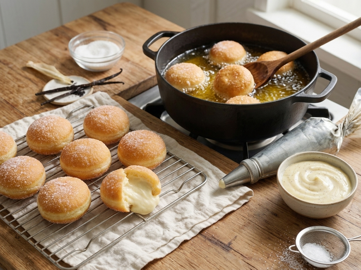 Bomboloni dough frying in bubbling oil inside a dark pot, turned with a wooden spoon until the shells deepen to gold