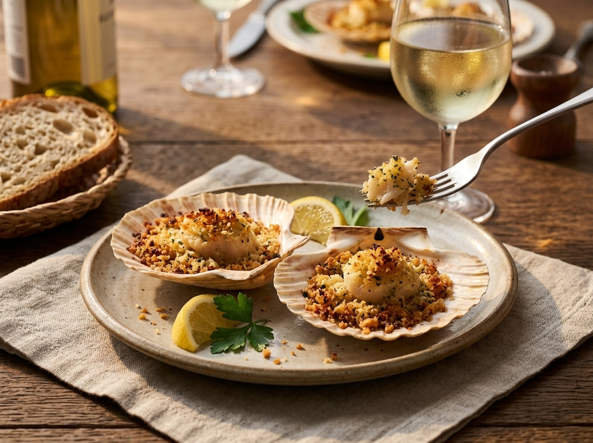 Plate of capesante gratinate served with lemon and crusty bread alongside a glass of white wine