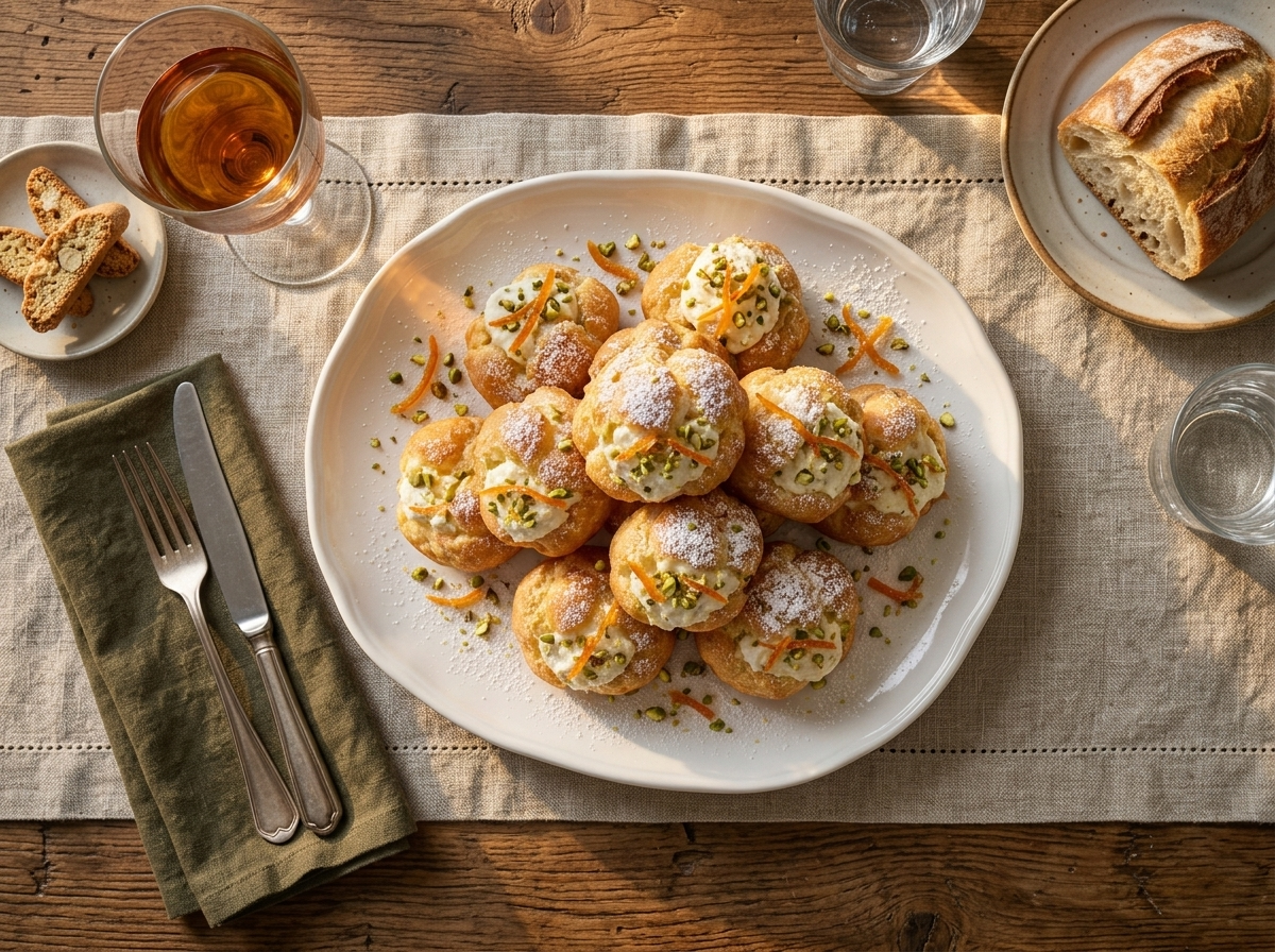 A platter of filled sfinci di San Giuseppe on a linen-topped table with small glasses of Marsala in warm light.