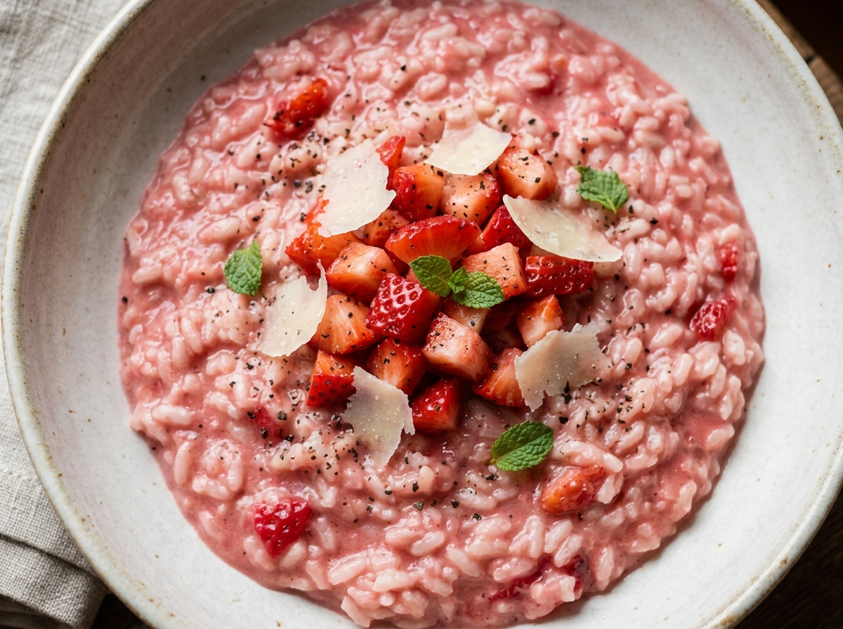 Overhead view of creamy pink risotto alle fragole topped with fresh strawberry slices and grated parmesan in a ceramic bowl