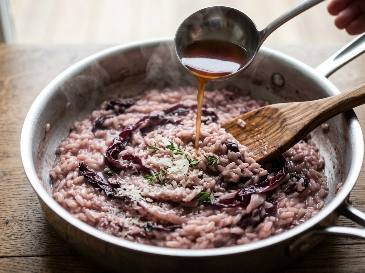 Wooden spoon stirring risotto al radicchio di Treviso in a steel pan with wilted radicchio ribbons and a ladle adding stock