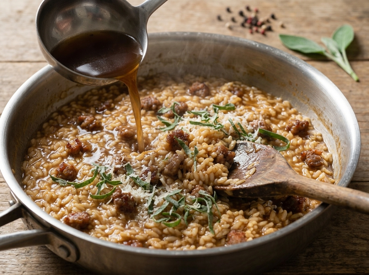 Wooden spoon stirring hot stock into simmering risotto in a wide steel pot, rice glossy and half-submerged
