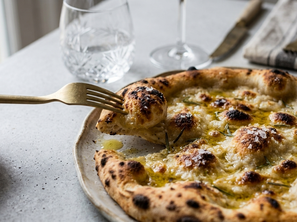Pizza Bianca Romana with Olive Oil and Flaky Sea Salt serving shot