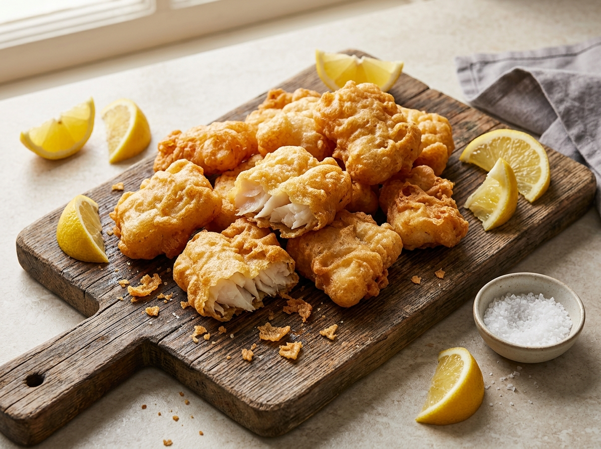 Golden fried baccalà fritto pieces stacked on a wooden board with lemon wedges and coarse salt on the side