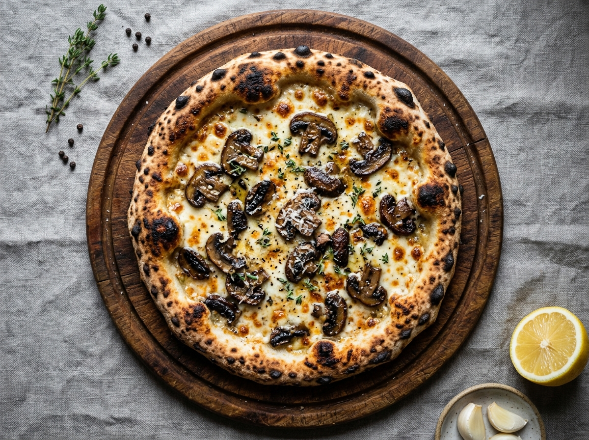 Baked pizza ai funghi topped with melted mozzarella, sauteed cremini mushrooms, thyme, and grated parmesan on a wooden board