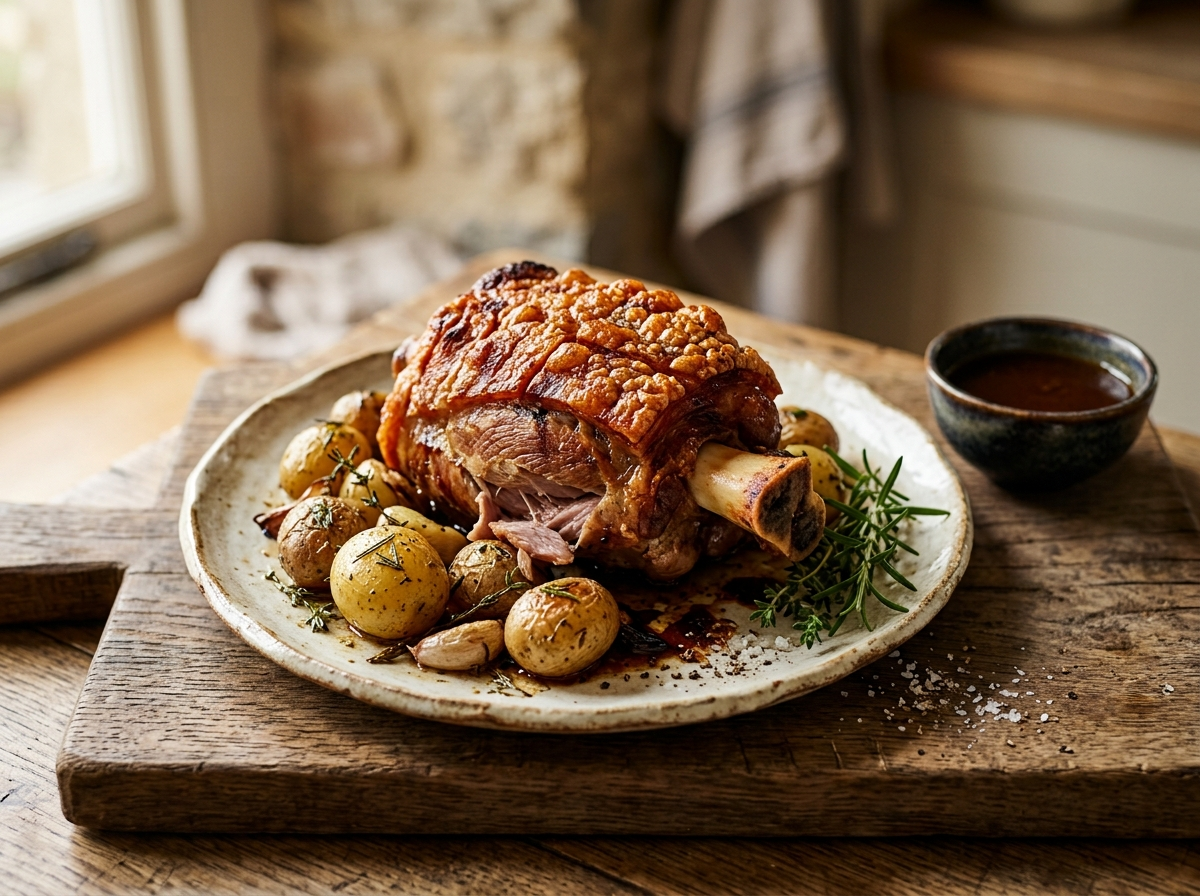 Whole roasted pork shank with crackled golden skin, rosemary and baby potatoes on a wooden board