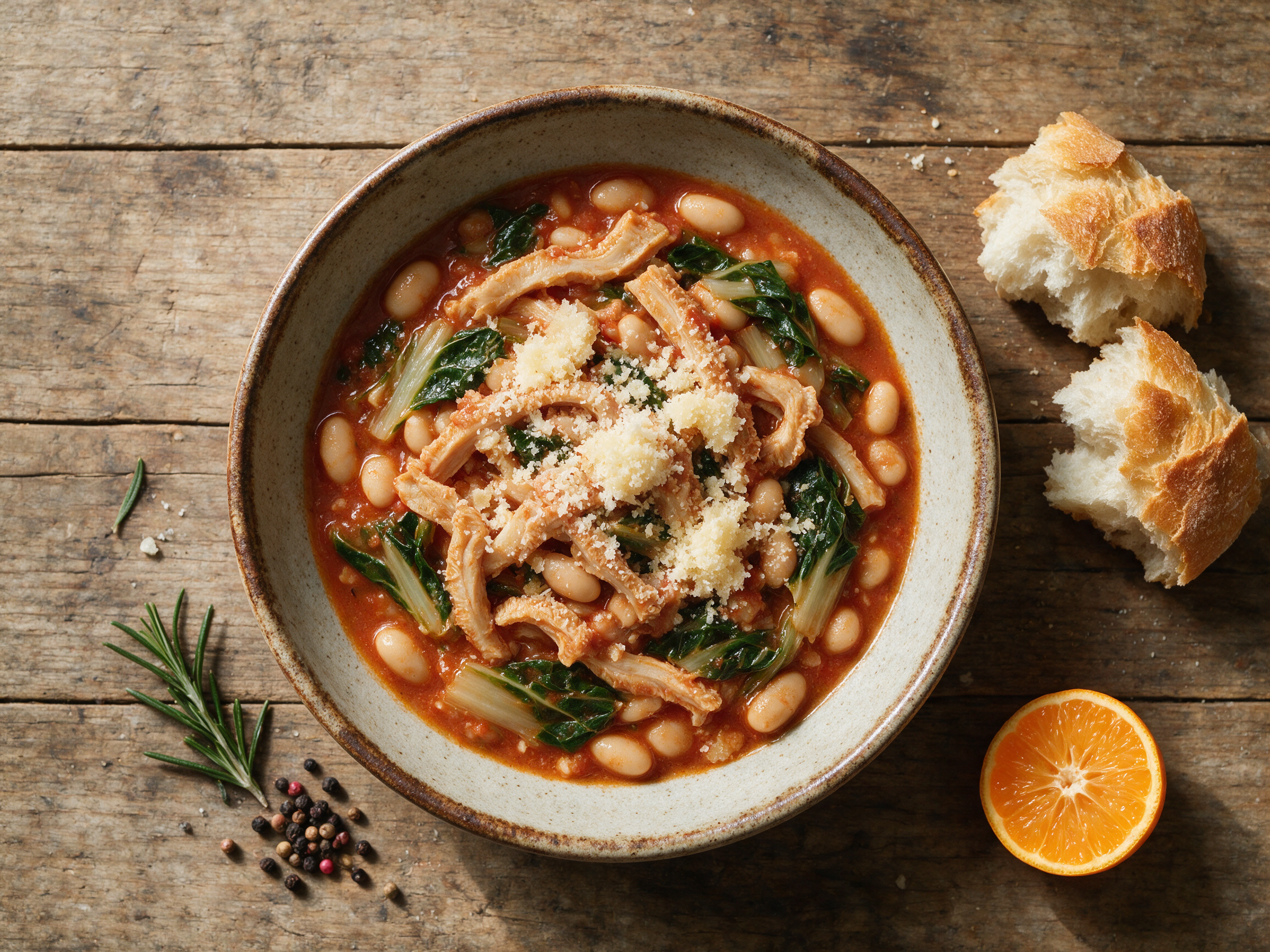 Overhead view of trippa alla Valtellinese stew with tripe, beans, and chard in a rustic bowl.