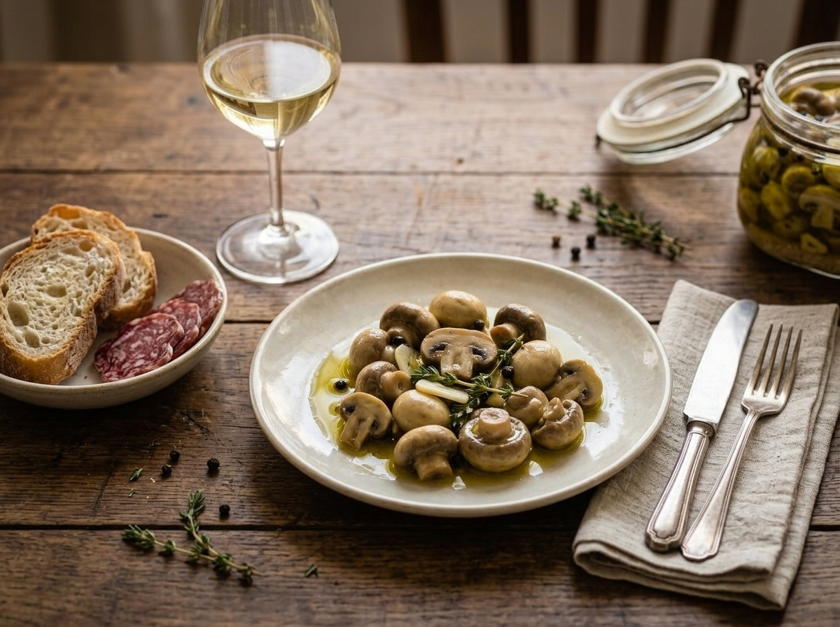 Antipasto board with funghi sott'olio, salami, bread, and a glass of white wine on a linen napkin