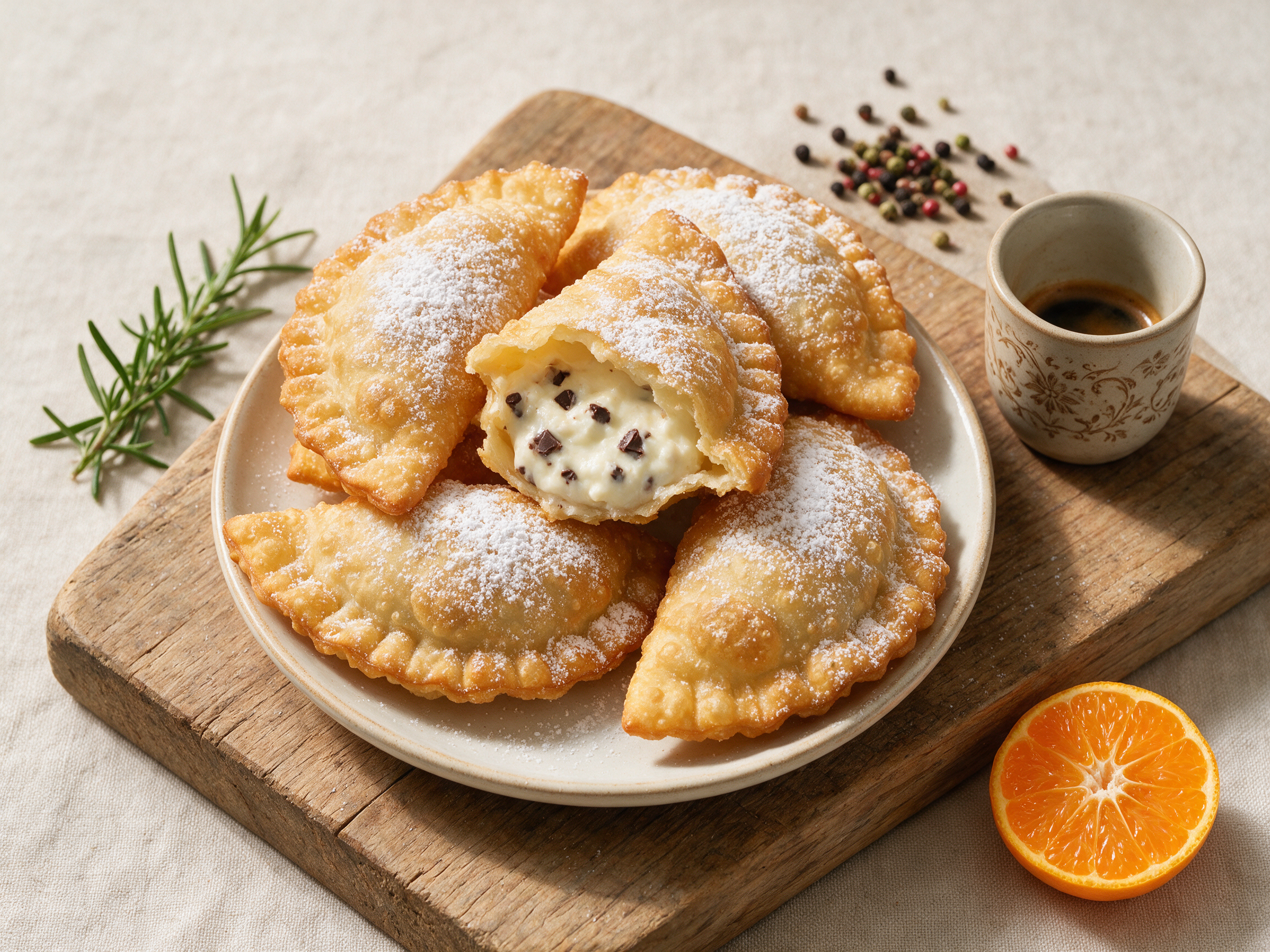 Golden fried cassatelle siciliane dusted with powdered sugar on a wooden board, one split open to show ricotta filling