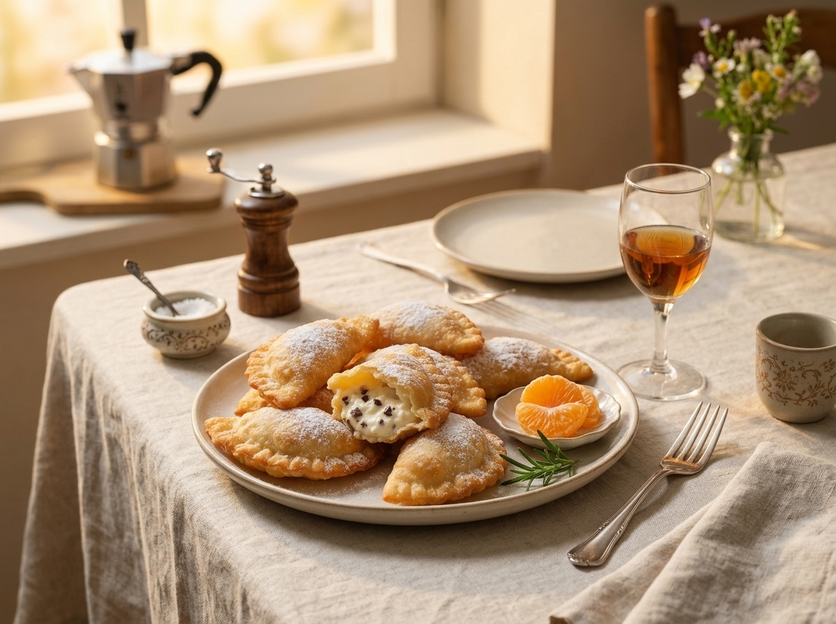 Plate of powdered sugar dusted cassatelle next to a glass of Marsala wine on a linen tablecloth in warm light