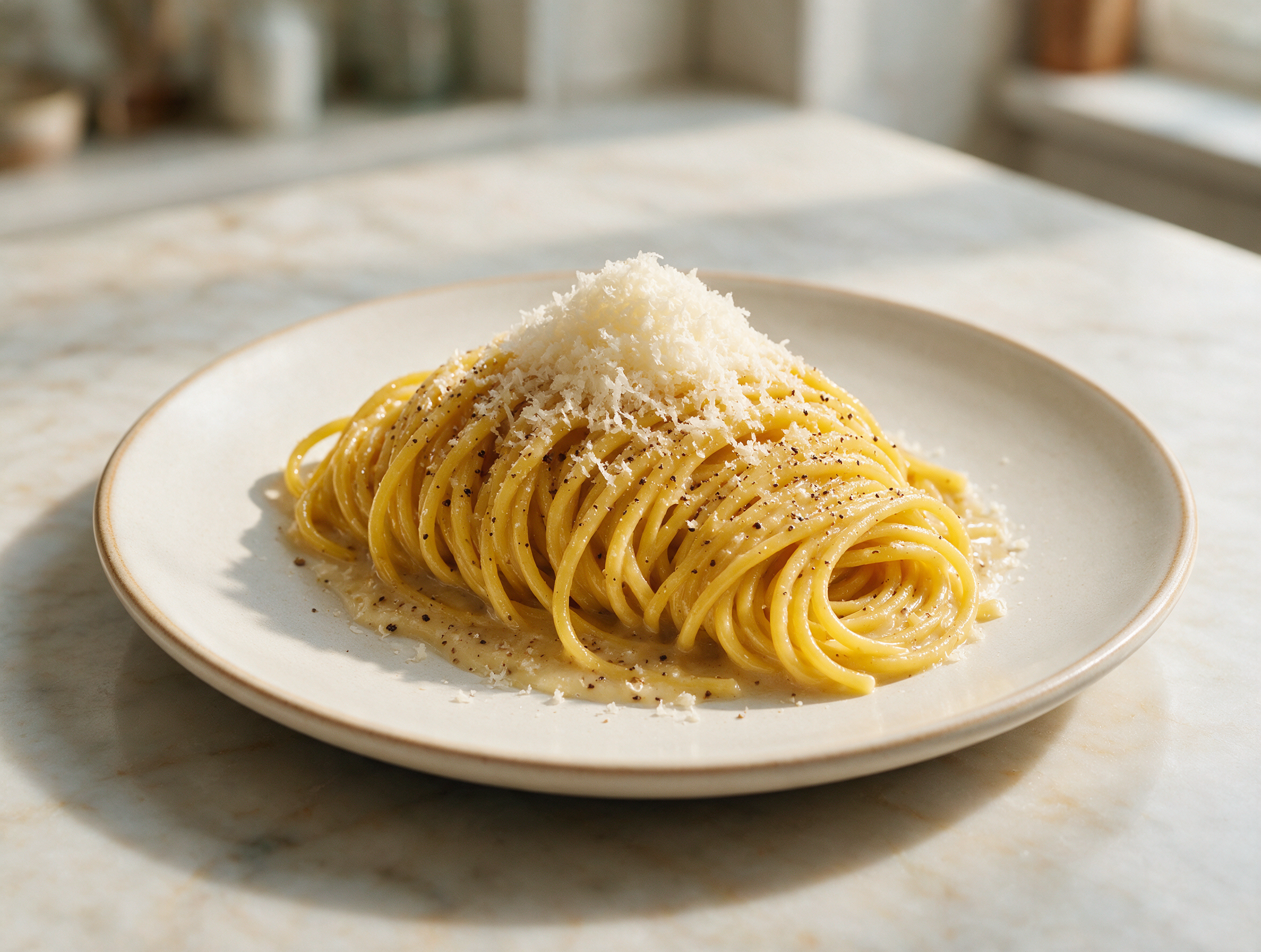 Overhead view of twirled spaghetti cacio e pepe with cracked pepper and grated pecorino mounded on a marble surface
