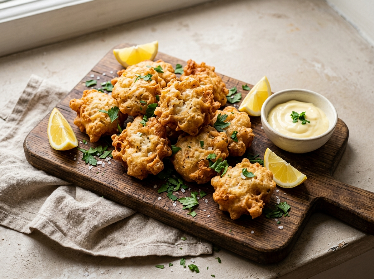 Golden frittelle di baccalà piled on a wooden board with lemon wedges and a small bowl of aioli