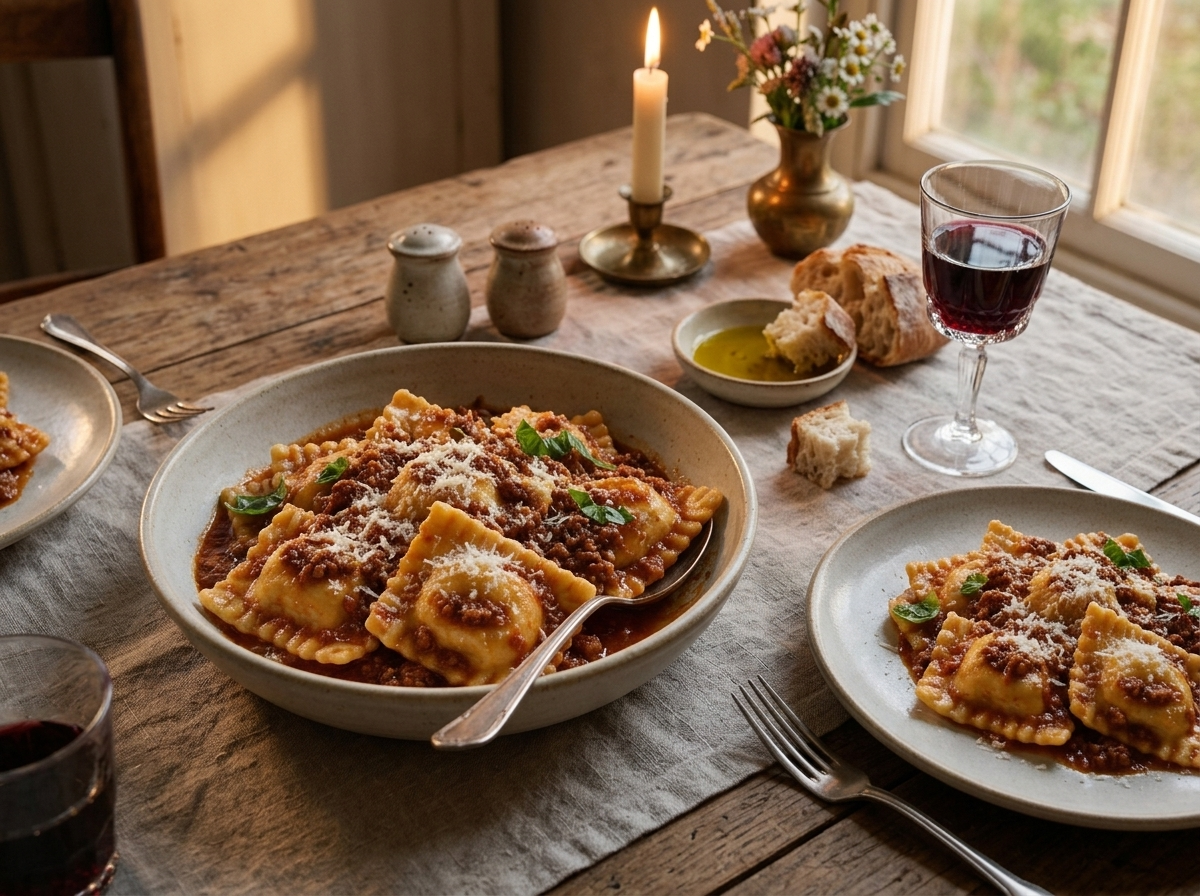 Table scene with a family-style bowl of tortelli di patate mugellani, a glass of red wine, and a linen napkin nearby.