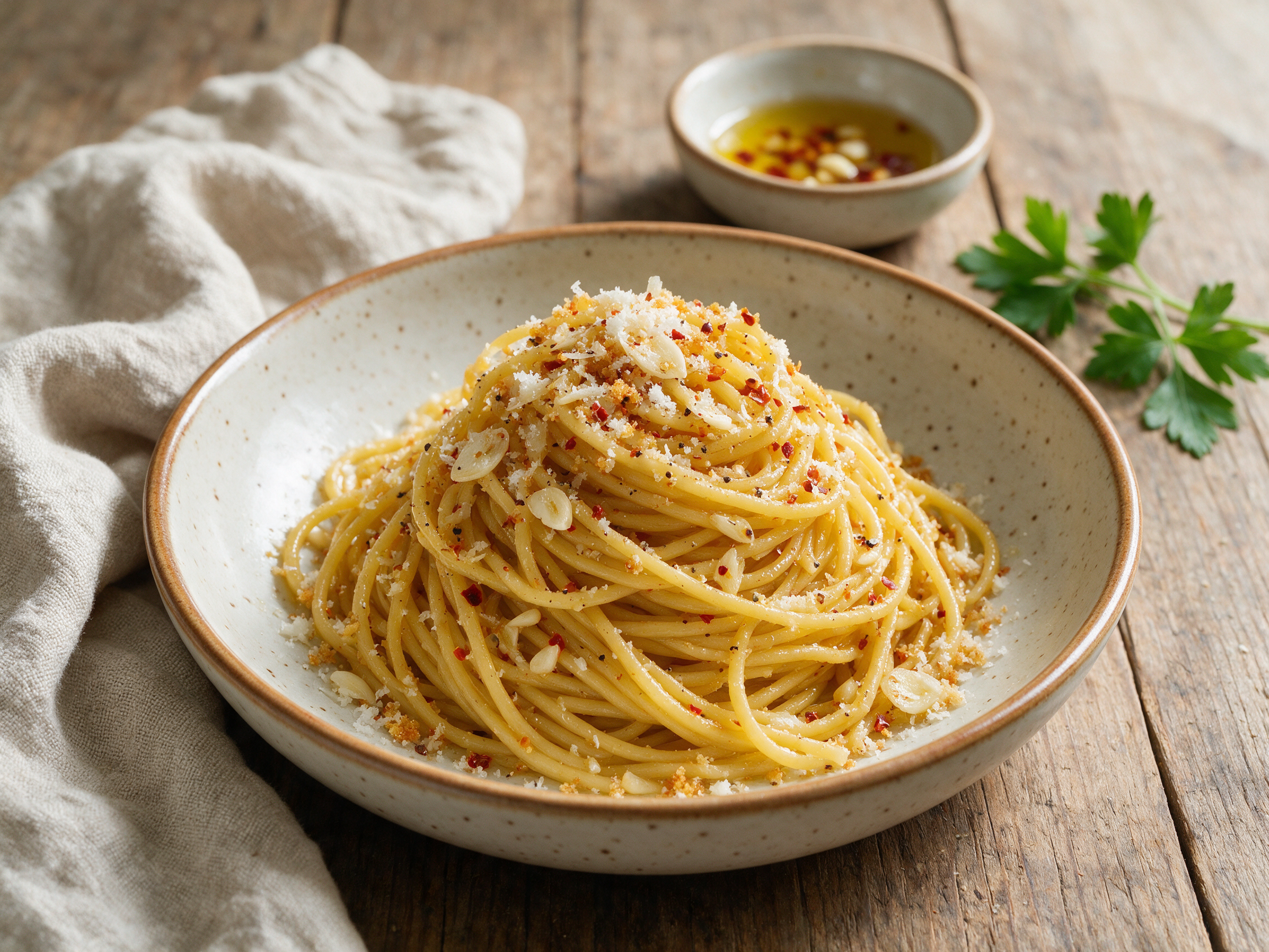 Overhead shot of glossy spaghetti alla carrettiera with garlic slivers, pecorino and chili flakes in a rustic bowl