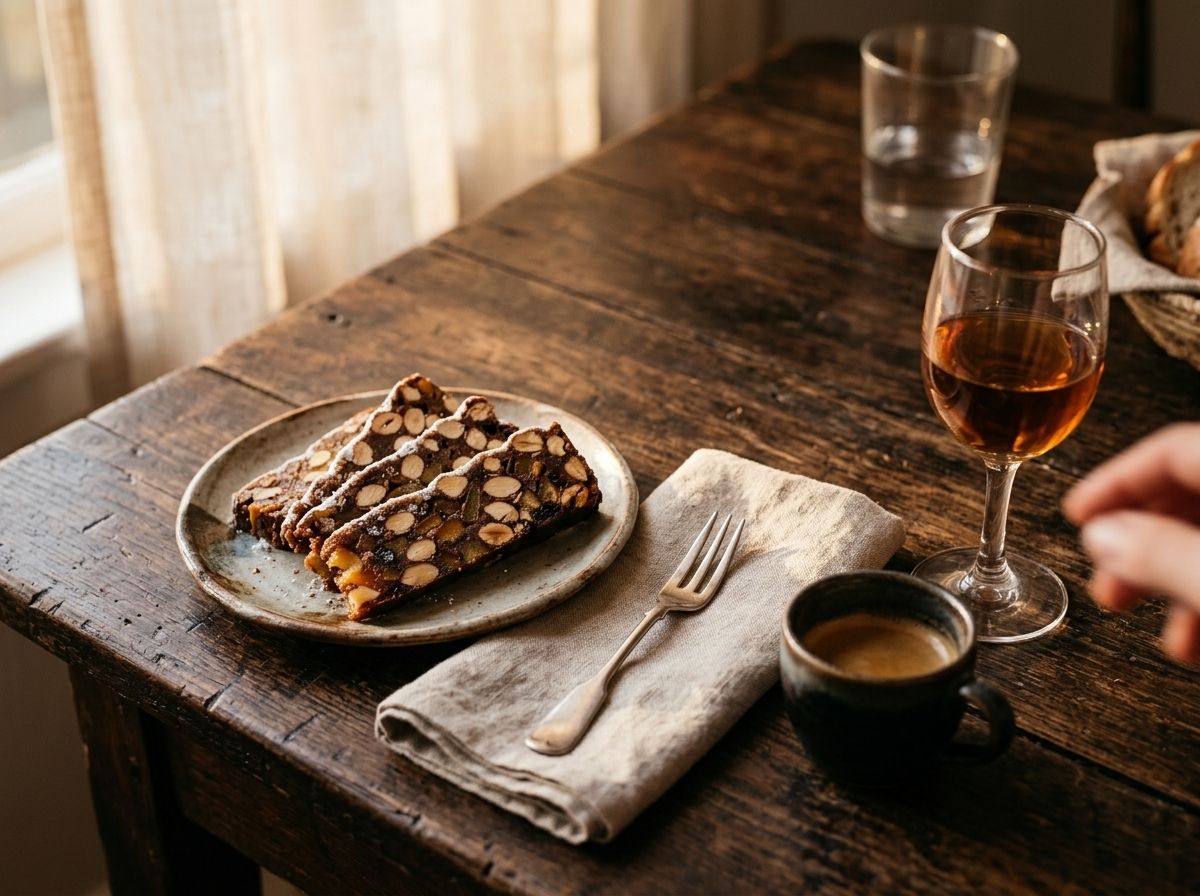 Thin slices of panforte di Siena plated with espresso and a small glass of vin santo on a wooden table